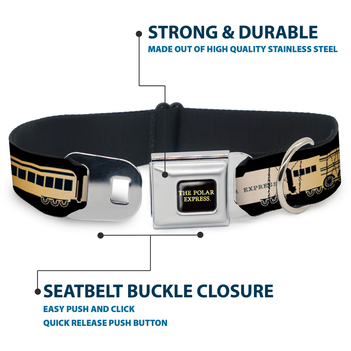 THE POLAR EXPRESS Text Logo Full Color Black/Golds Seatbelt Buckle Collar - POLAR EXPRESS Train Cars Black/Golds Dog Collars Seatbelt Buckle The Polar Express