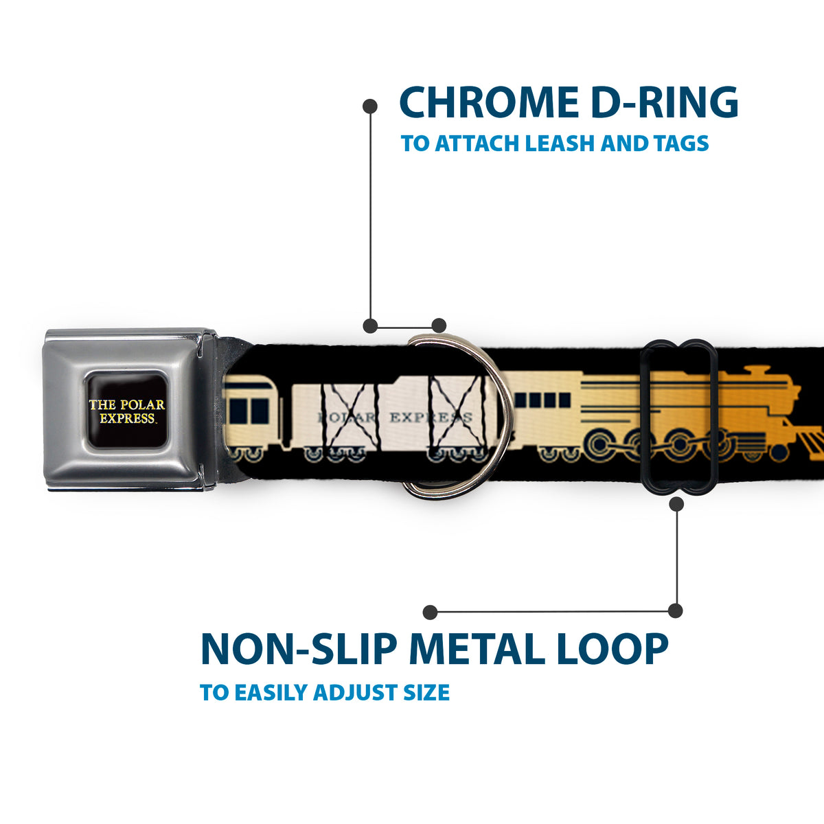 THE POLAR EXPRESS Text Logo Full Color Black/Golds Seatbelt Buckle Collar - POLAR EXPRESS Train Cars Black/Golds Dog Collars Seatbelt Buckle The Polar Express