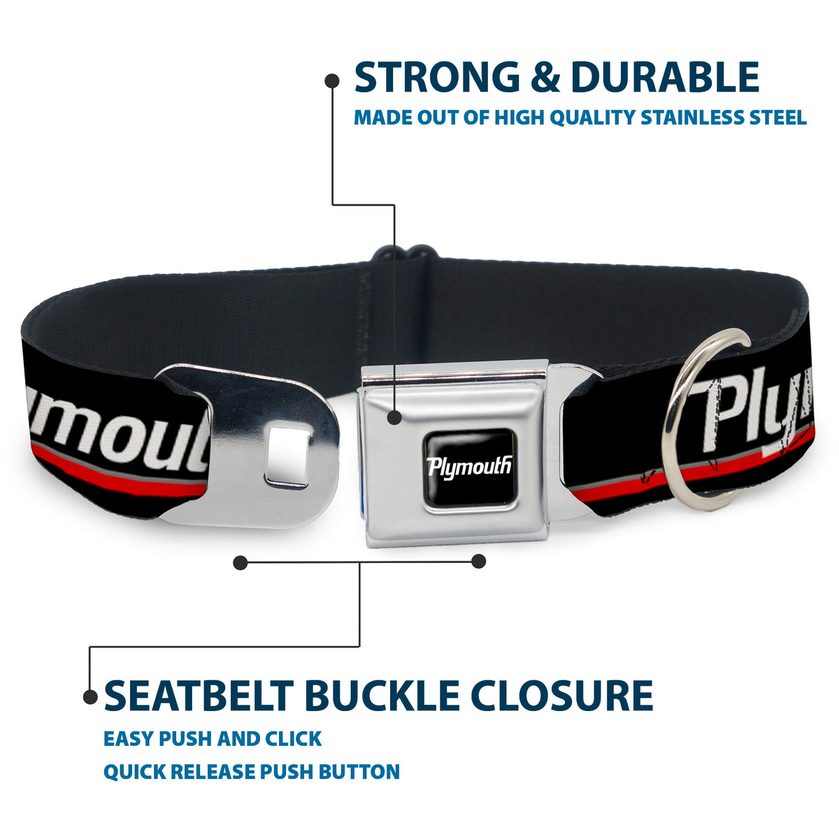 PLYMOUTH Text Logo Full Color Black/White Seatbelt Buckle Collar - PLYMOUTH Text/Stripe Black/White/Gray/Red Dog Collars Seatbelt Buckle Dodge