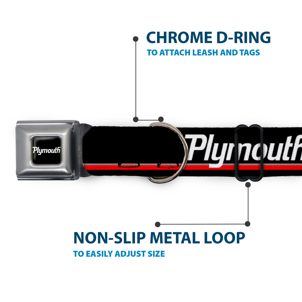 PLYMOUTH Text Logo Full Color Black/White Seatbelt Buckle Collar - PLYMOUTH Text/Stripe Black/White/Gray/Red Dog Collars Seatbelt Buckle Dodge