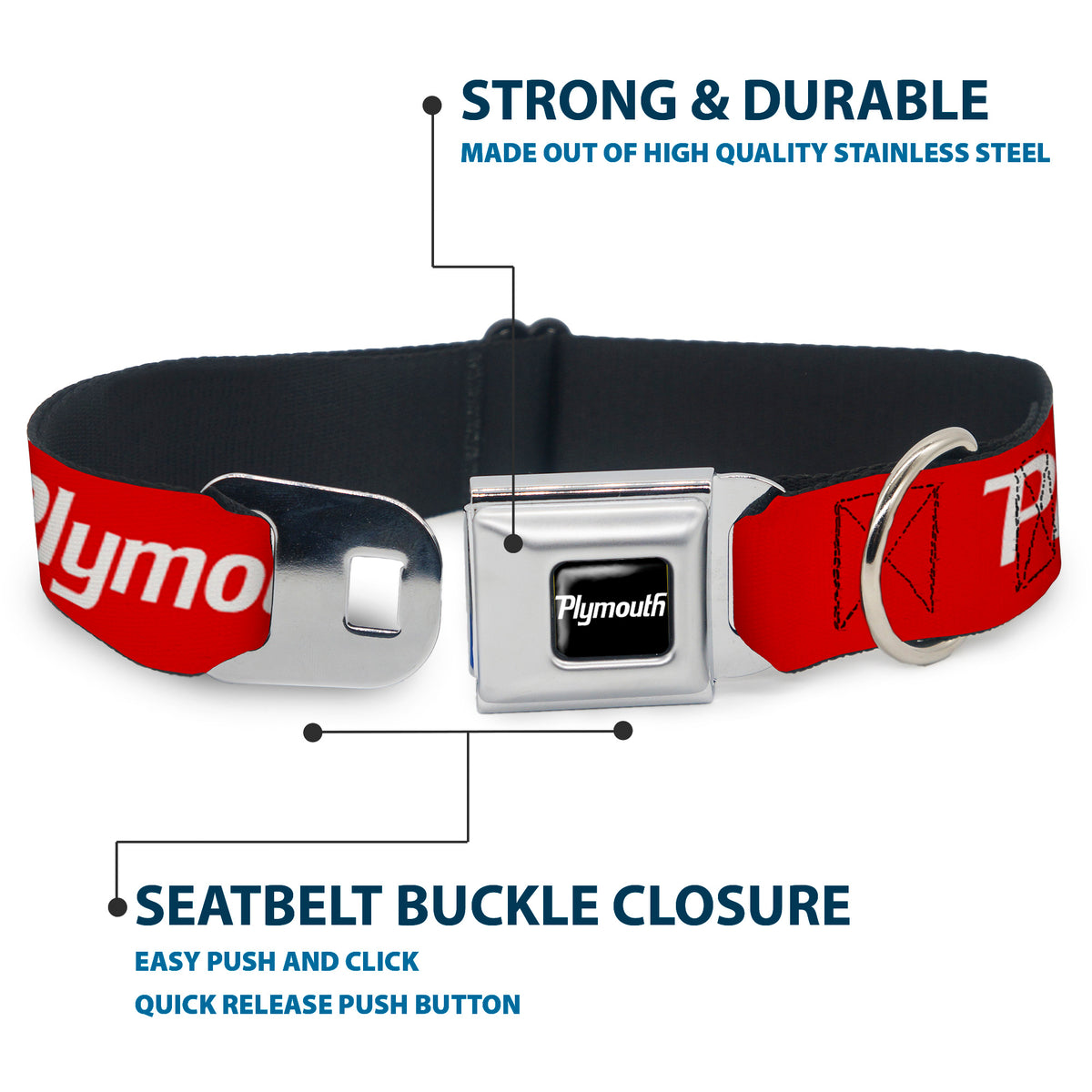PLYMOUTH Text Logo Full Color Black/White Seatbelt Buckle Collar - PLYMOUTH Text Logo Red/White Dog Collars Seatbelt Buckle Dodge