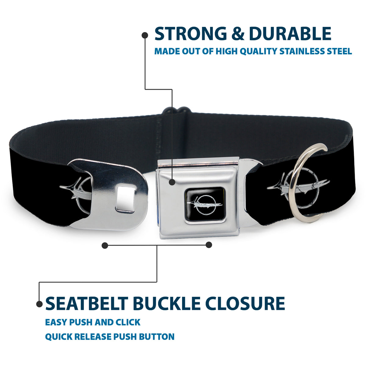 Barracuda Emblem Full Color Black/Silver Seatbelt Buckle Collar - Barracuda Emblem Repeat Black/Silver Dog Collars Seatbelt Buckle Dodge