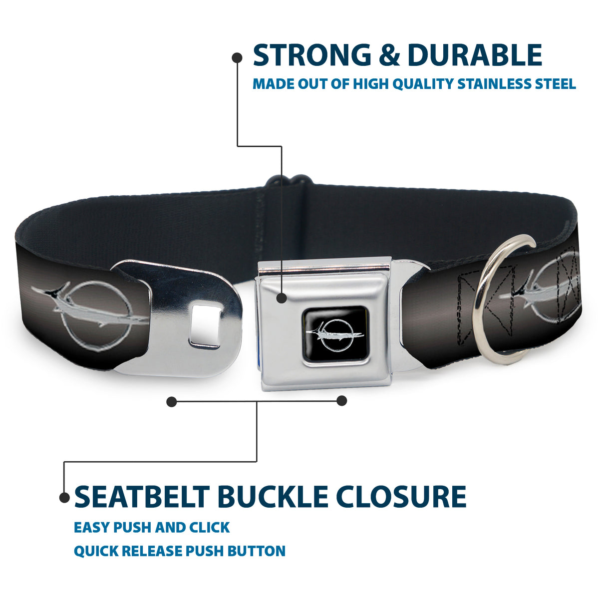 Barracuda Emblem Full Color Black/Silver Seatbelt Buckle Collar - Barracuda Emblem Repeat Gray Fade/Silver Dog Collars Seatbelt Buckle Dodge