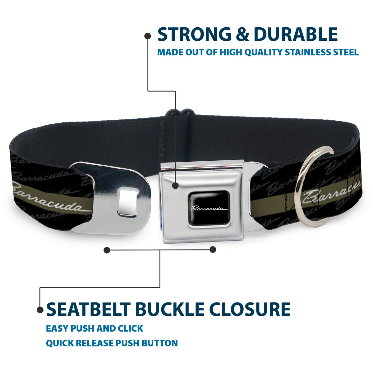 BARRACUDA Script Logo Full Color Black/White Seatbelt Buckle Collar - BARRACUDA Script Stripe/Monogram Black/Gray/Olive/Silver Dog Collars Seatbelt Buckle Dodge