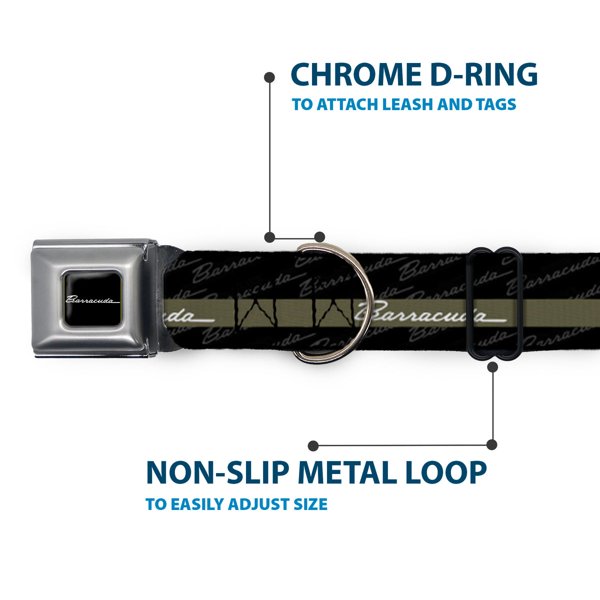 BARRACUDA Script Logo Full Color Black/White Seatbelt Buckle Collar - BARRACUDA Script Stripe/Monogram Black/Gray/Olive/Silver Dog Collars Seatbelt Buckle Dodge