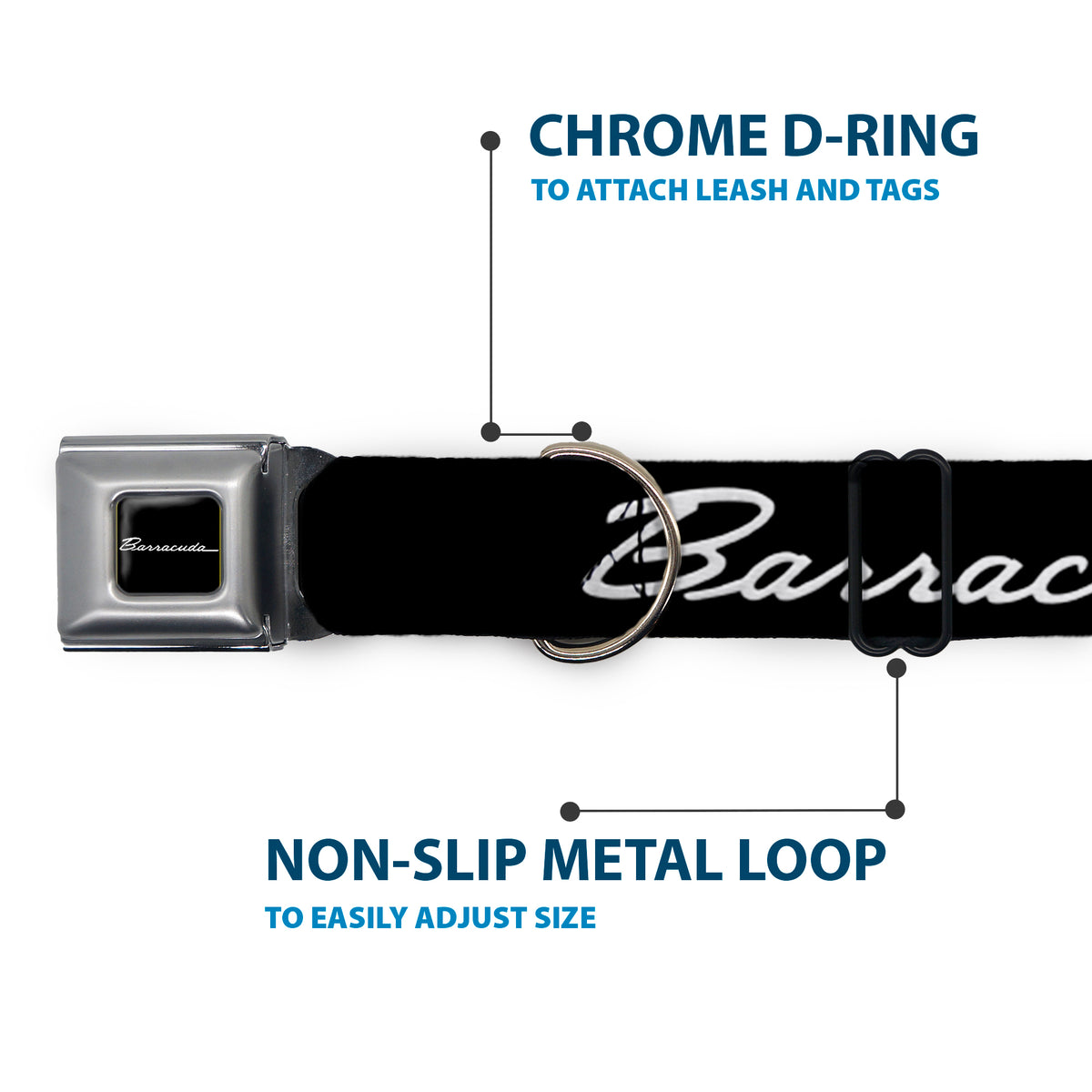 BARRACUDA Script Logo Full Color Black/White Seatbelt Buckle Collar - BARRACUDA Script Logo Black/Silver Dog Collars Seatbelt Buckle Dodge