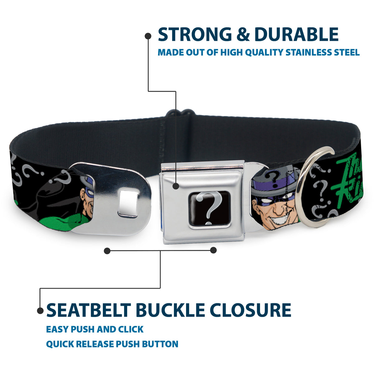 Riddler "?" Black/Silver Seatbelt Buckle Collar - The Riddler w/Batman Silhouette Dog Collars Seatbelt Buckle DC Comics