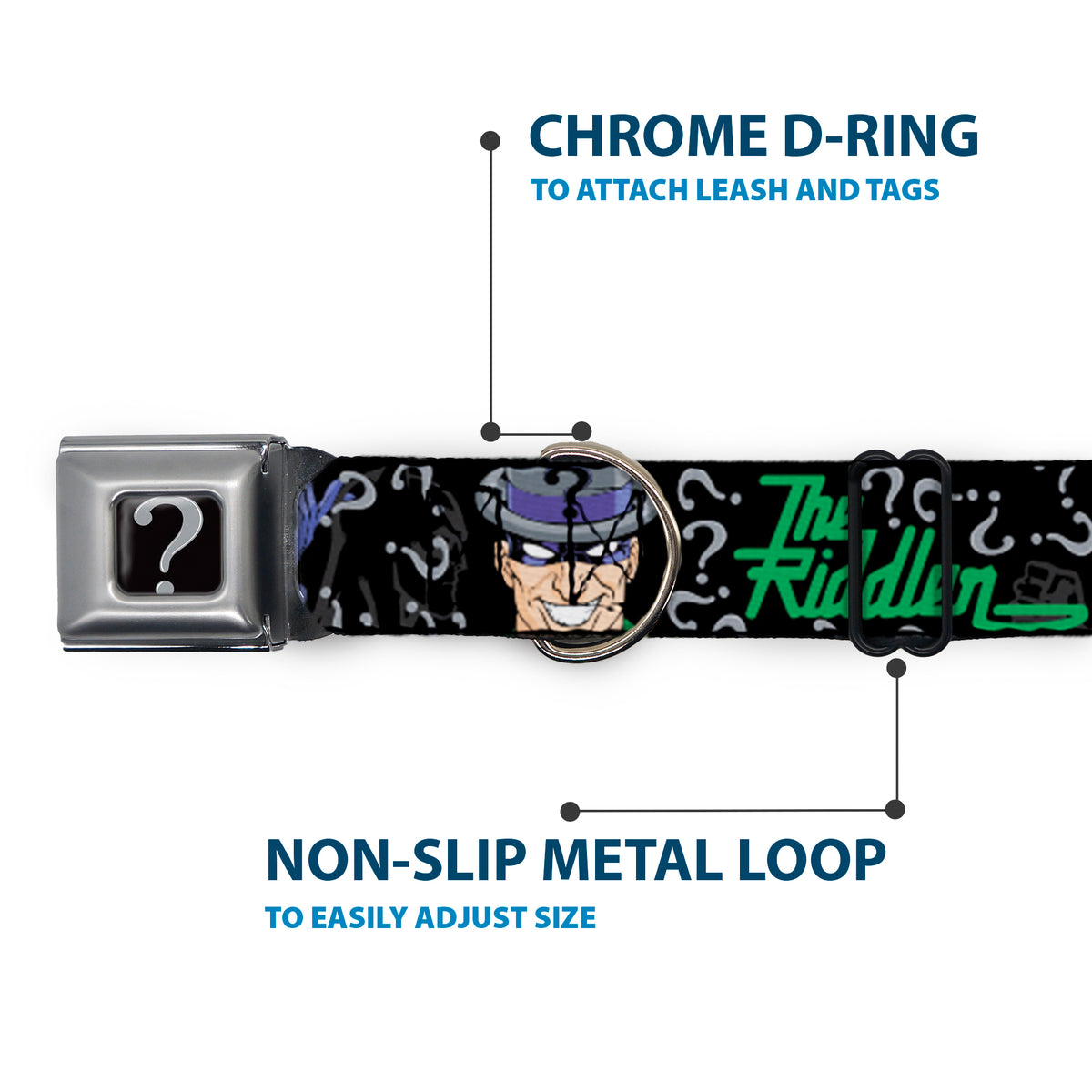 Riddler "?" Black/Silver Seatbelt Buckle Collar - The Riddler w/Batman Silhouette Dog Collars Seatbelt Buckle DC Comics