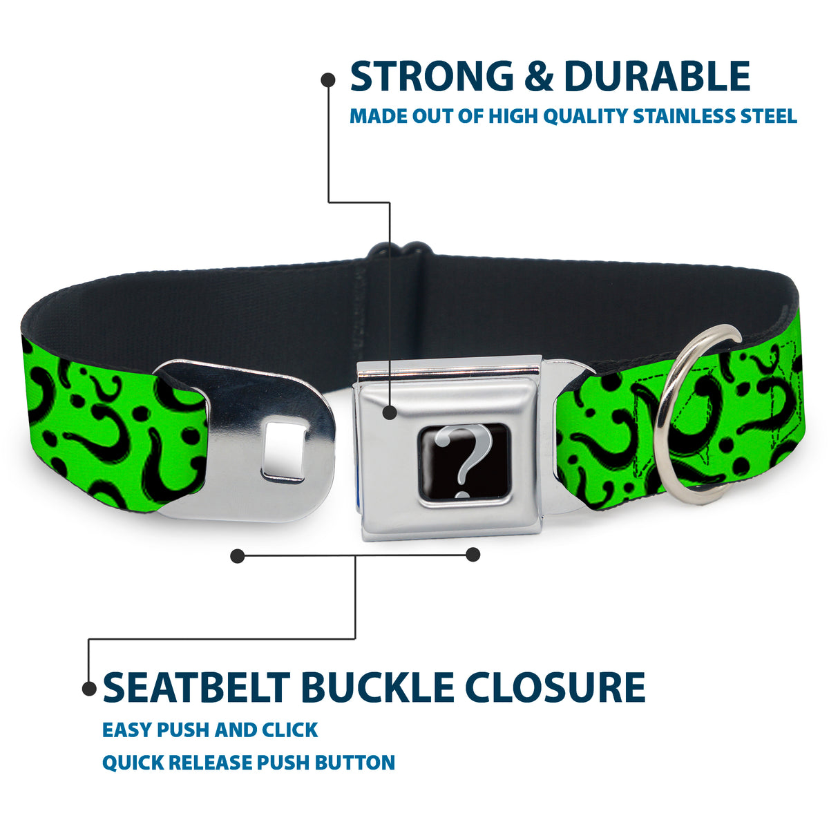 Riddler "?" Black Silver Seatbelt Buckle Collar - Question Mark Scattered Lime Green/Black Dog Collars Seatbelt Buckle DC Comics