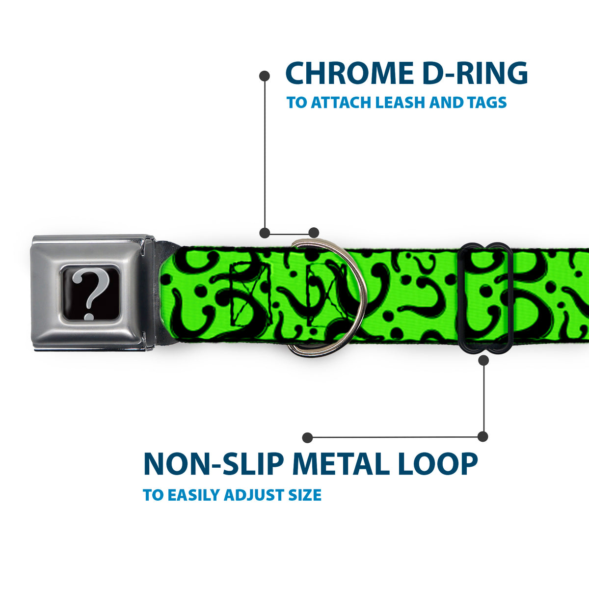 Riddler "?" Black Silver Seatbelt Buckle Collar - Question Mark Scattered Lime Green/Black Dog Collars Seatbelt Buckle DC Comics