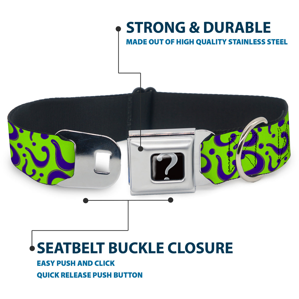 Riddler "?" Black Silver Seatbelt Buckle Collar - Question Mark Scattered Lime Green/Purple Dog Collars Seatbelt Buckle DC Comics