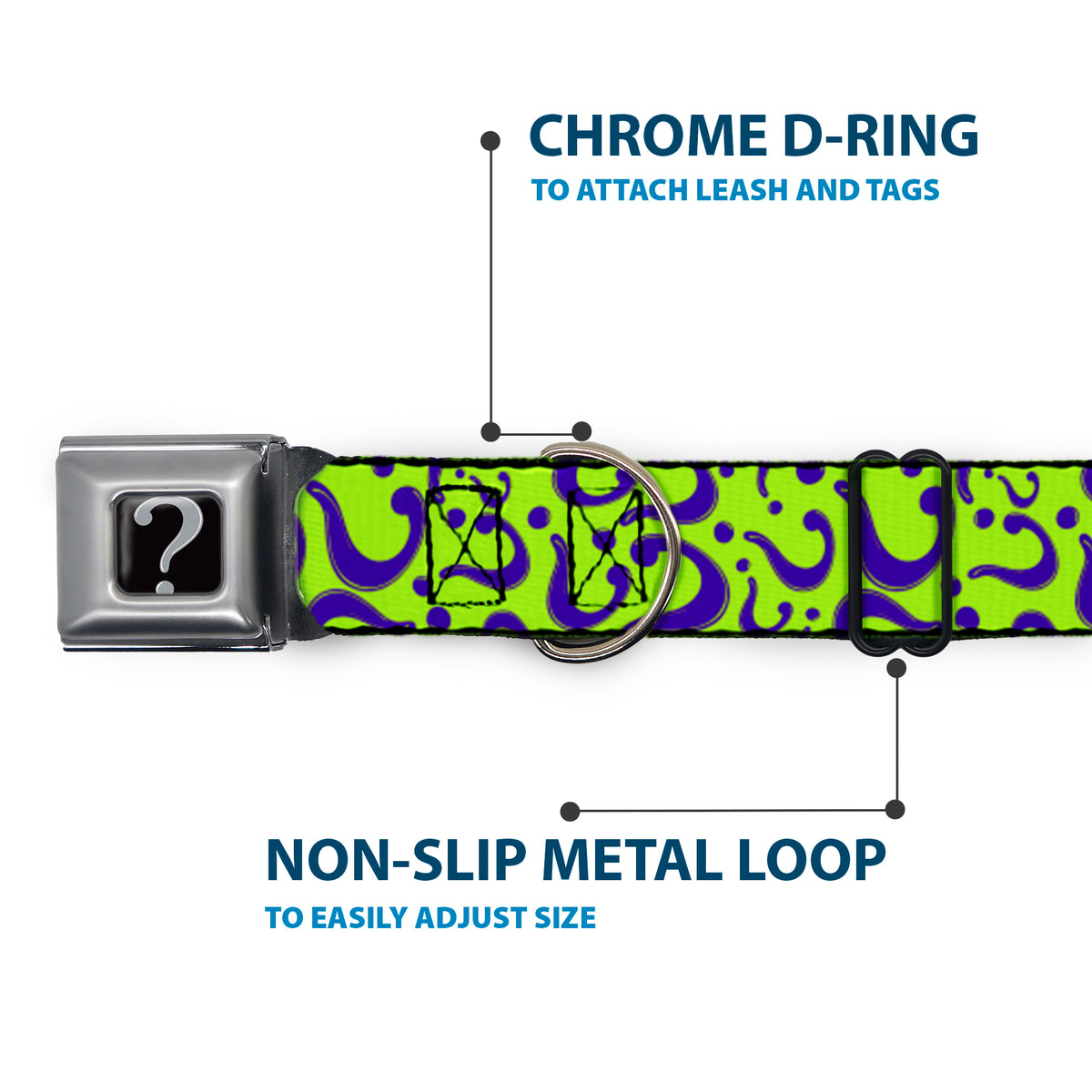 Riddler "?" Black Silver Seatbelt Buckle Collar - Question Mark Scattered Lime Green/Purple Dog Collars Seatbelt Buckle DC Comics