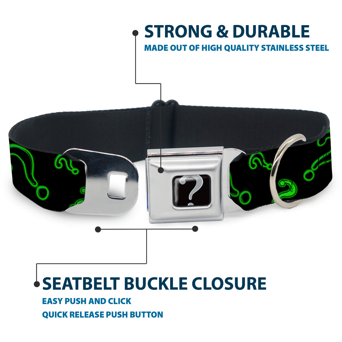 Riddler "?" Black/Silver Seatbelt Buckle Collar - Question Mark Scattere2 Black/Neon Green Dog Collars Seatbelt Buckle DC Comics