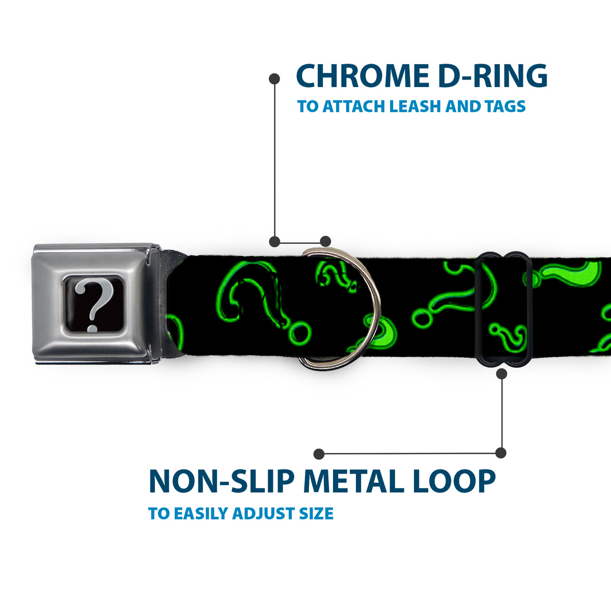 Riddler "?" Black/Silver Seatbelt Buckle Collar - Question Mark Scattere2 Black/Neon Green Dog Collars Seatbelt Buckle DC Comics