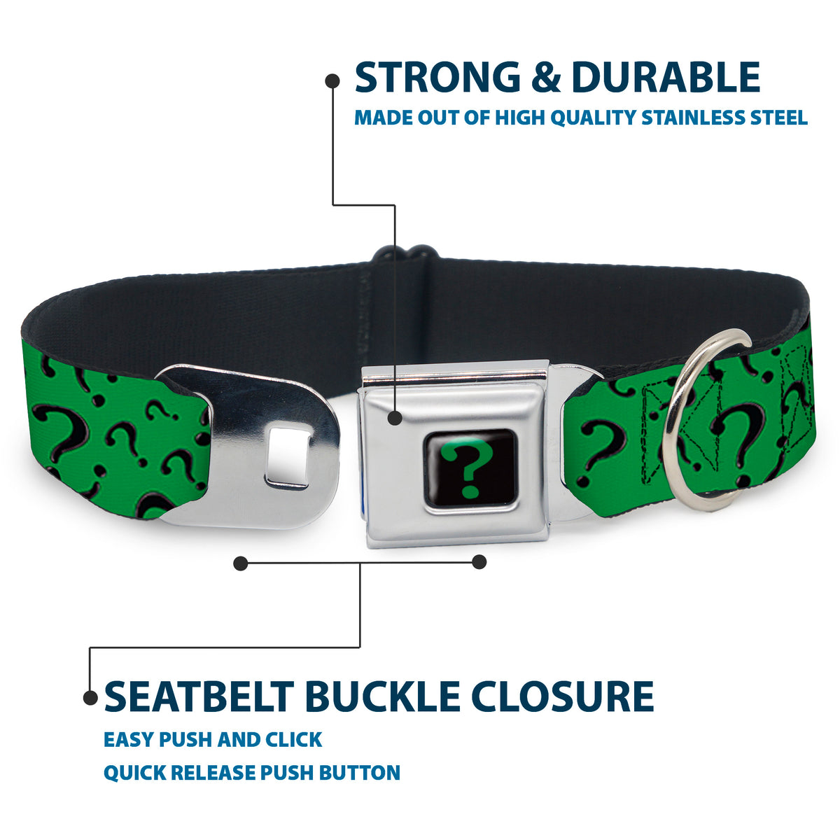 Riddler "?" Black/Green Seatbelt Buckle Collar - Question Mark Scattered3 Dark Green/Black Dog Collars Seatbelt Buckle DC Comics