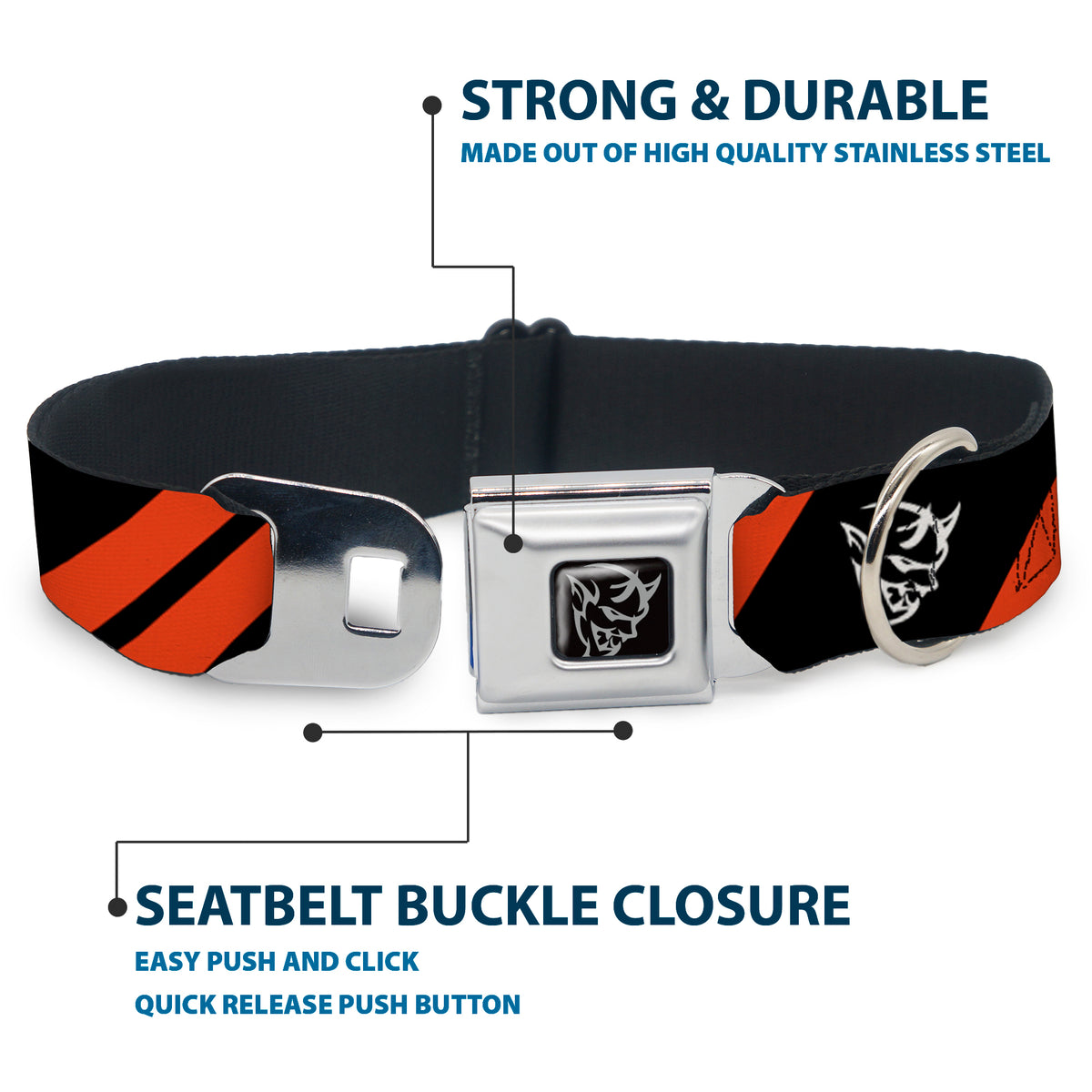Dodge Demon Icon Full Color Black/White Seatbelt Buckle Collar - Dodge Stripes/Demon Icon Black/Red/White Dog Collars Seatbelt Buckle Dodge