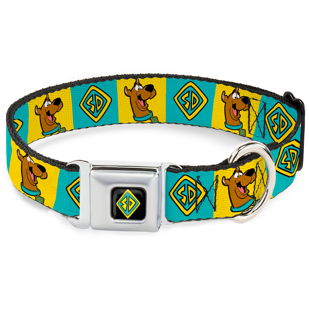 SD Dog Tag Full Color Black/Yellow/Blue Seatbelt Buckle Collar - Scooby Doo Pose and Dog Tag Blocks Yellow/Blue Dog Collars Seatbelt Buckle Scooby Doo
