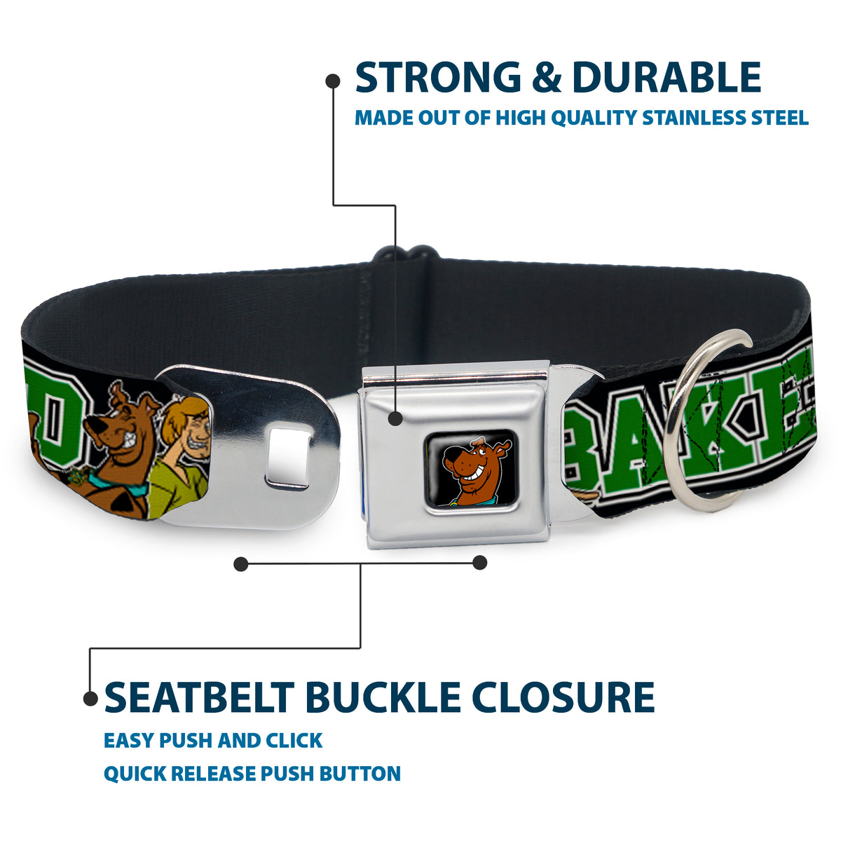 Scooby Doo Face Full Color Black Seatbelt Buckle Collar - Scooby Doo & Shaggy Pose/BAKED Black/Green Dog Collars Seatbelt Buckle Scooby Doo