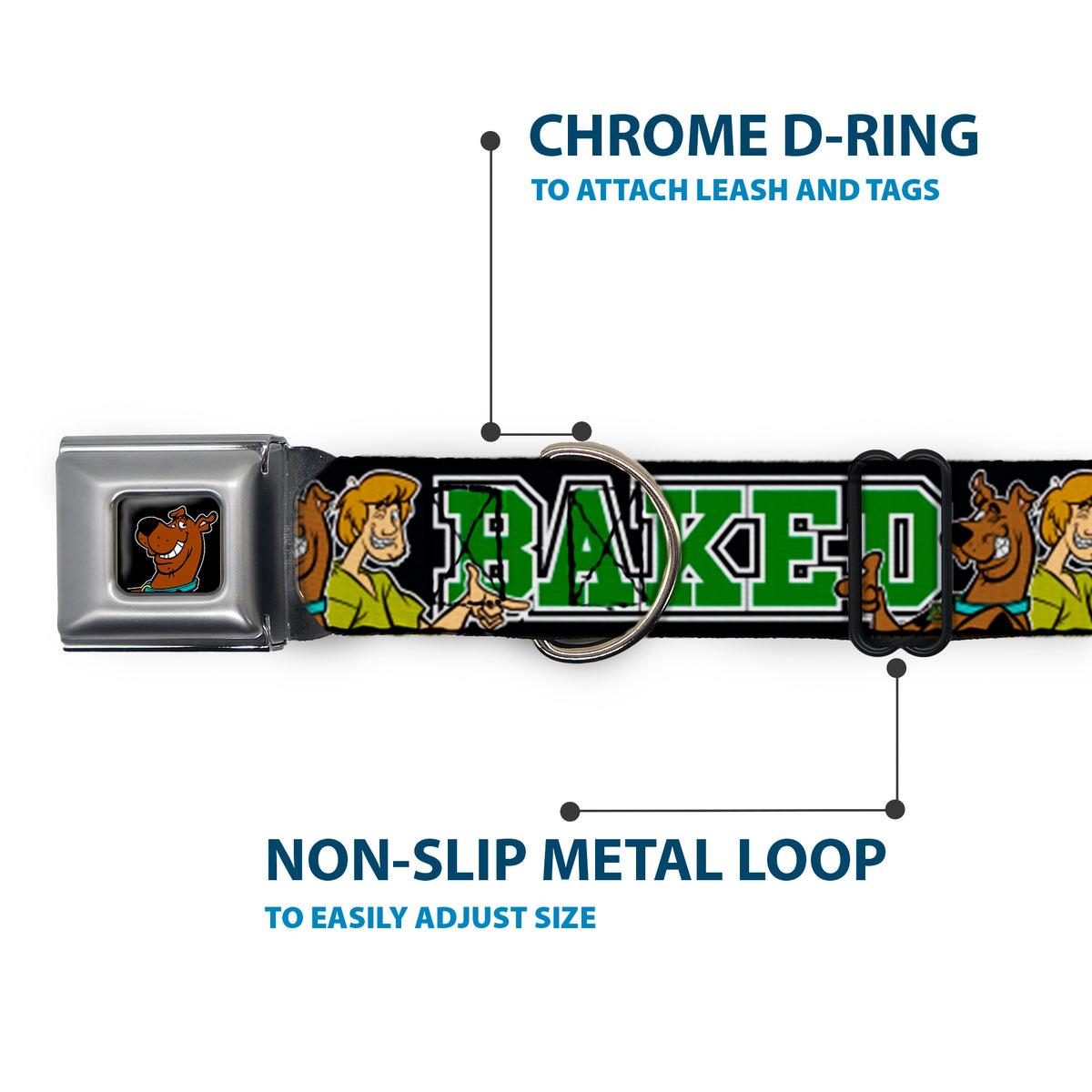 Scooby Doo Face Full Color Black Seatbelt Buckle Collar - Scooby Doo & Shaggy Pose/BAKED Black/Green Dog Collars Seatbelt Buckle Scooby Doo