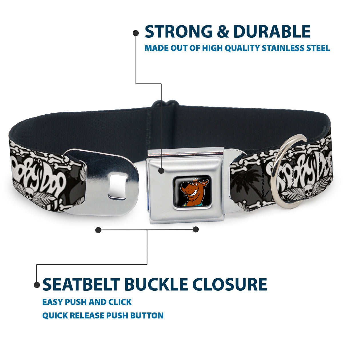 Scooby Doo Face Full Color Black Seatbelt Buckle Collar - SCOOBY DOO Group Pose/Bones Dog Collars Seatbelt Buckle Scooby Doo