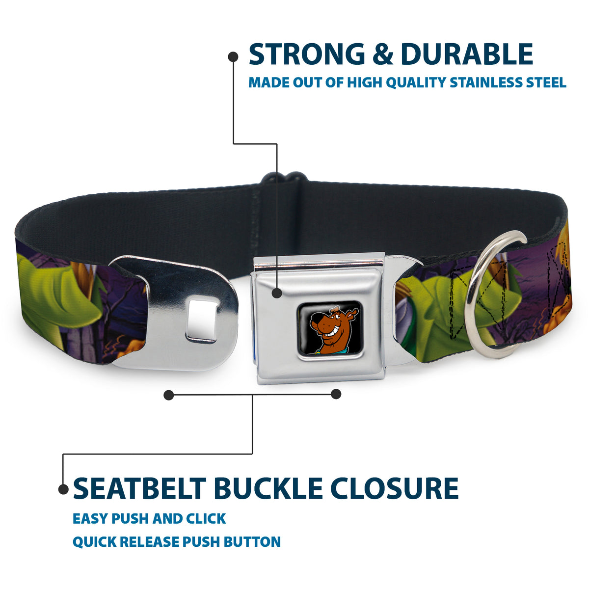 Scooby Doo Face Full Color Black Seatbelt Buckle Collar - Scooby & Shaggy Hugging w/Werewolf Man Purple Dog Collars Seatbelt Buckle Scooby Doo