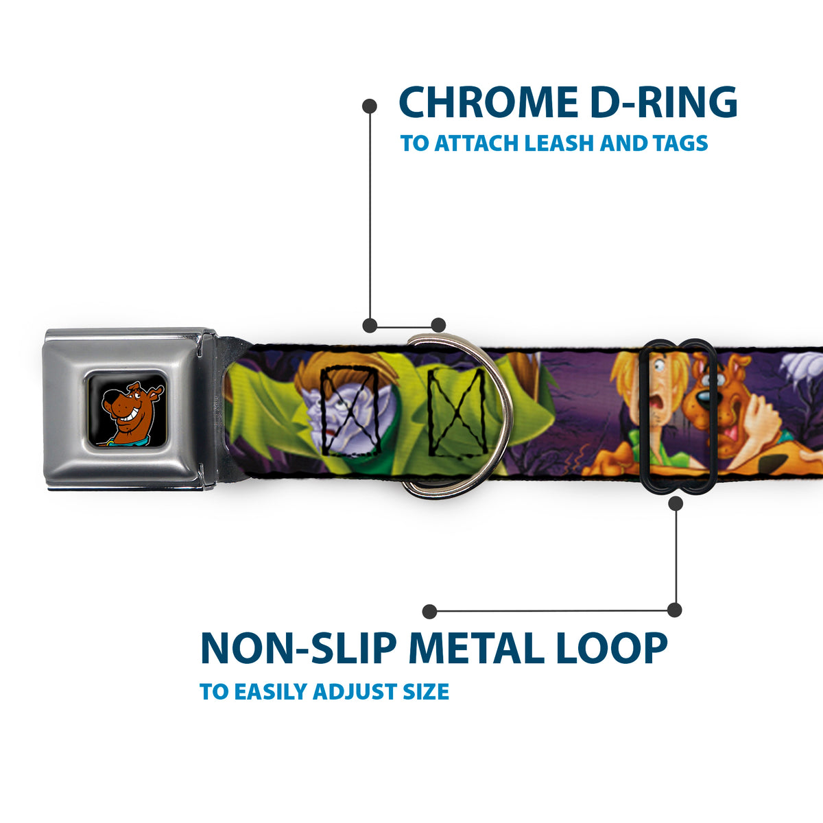 Scooby Doo Face Full Color Black Seatbelt Buckle Collar - Scooby & Shaggy Hugging w/Werewolf Man Purple Dog Collars Seatbelt Buckle Scooby Doo