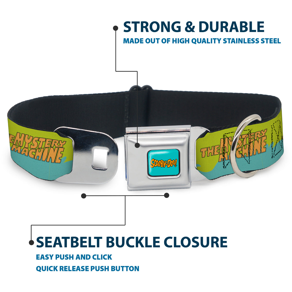 SCOOBY DOO! Text Logo Full Color Aqua/Orange Seatbelt Buckle Collar - Scooby Doo THE MYSTERY MACHINE Paint Job Green/Aqua/Orange Dog Collars Seatbelt Buckle Scooby Doo