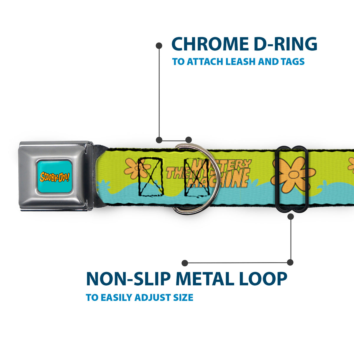 SCOOBY DOO! Text Logo Full Color Aqua/Orange Seatbelt Buckle Collar - Scooby Doo THE MYSTERY MACHINE Paint Job Green/Aqua/Orange Dog Collars Seatbelt Buckle Scooby Doo