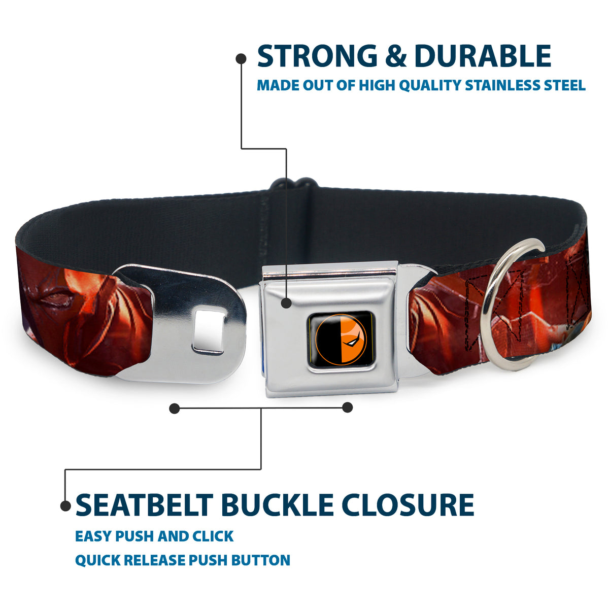 Deadstroke Logo Black/Orange-Red/White Seatbelt Buckle Collar - DEATHSTROKE Pose/BATMAN ARKHAM ORIGINS Logo Dog Collars Seatbelt Buckle DC Comics