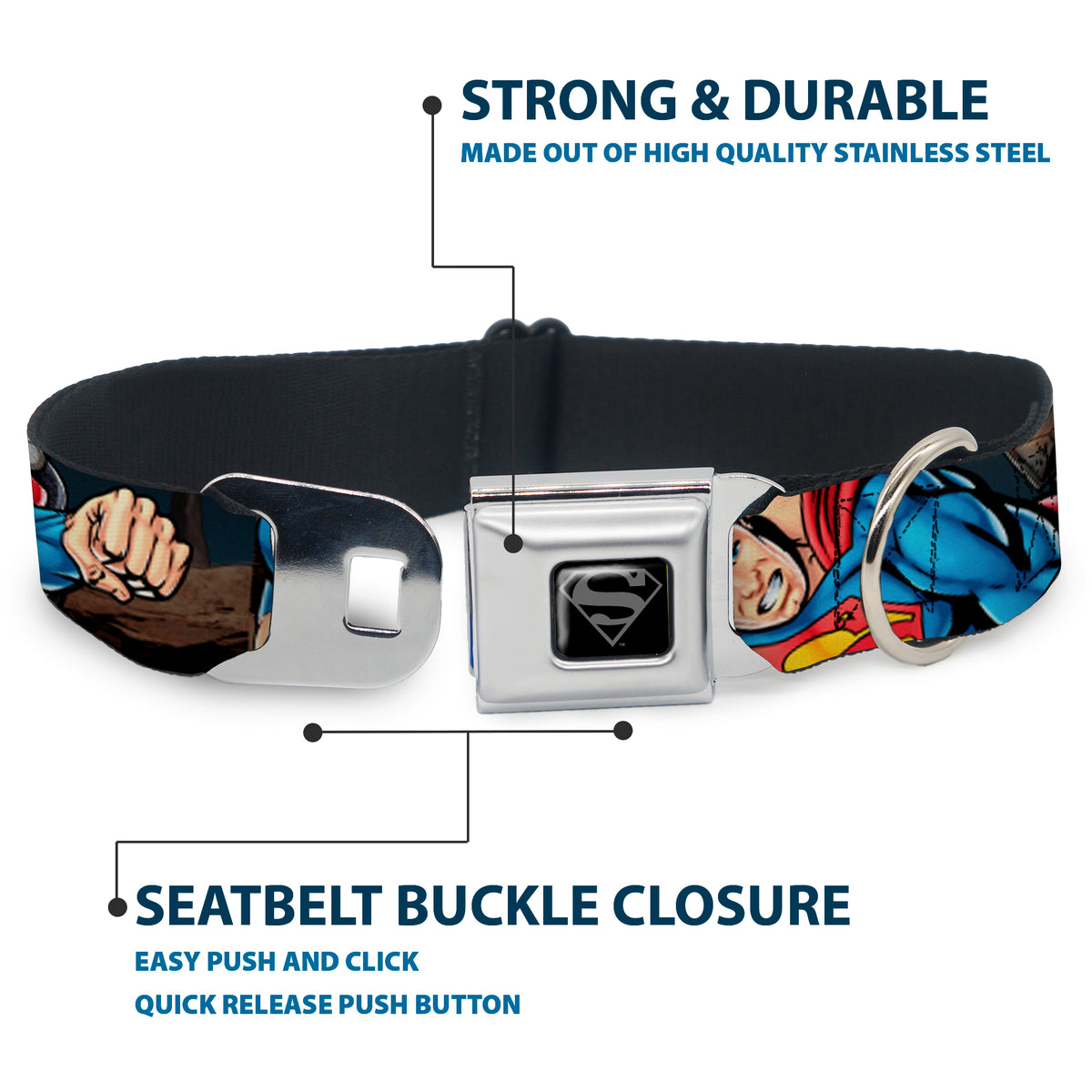 Superman Black/Silver Seatbelt Buckle Collar - Superman Metropolis Face-Off Dog Collars Seatbelt Buckle DC Comics