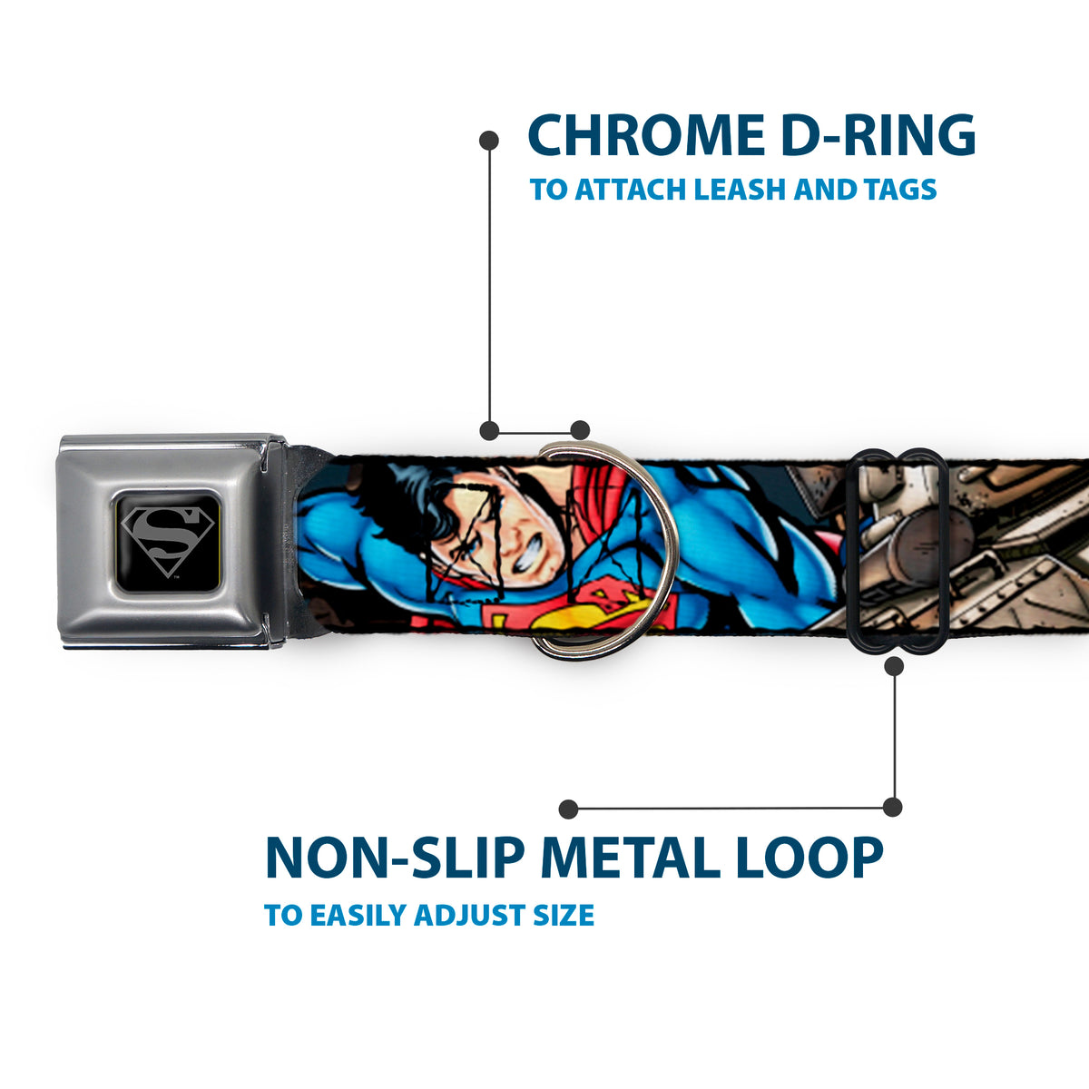 Superman Black/Silver Seatbelt Buckle Collar - Superman Metropolis Face-Off Dog Collars Seatbelt Buckle DC Comics