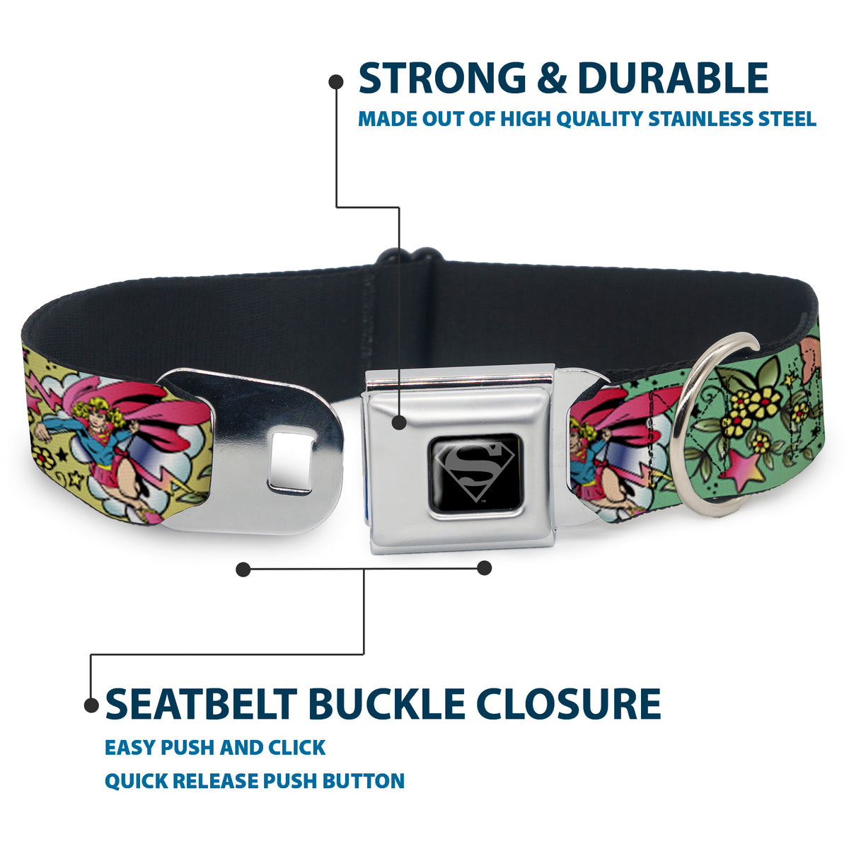 Superman Black Silver Seatbelt Buckle Collar - Supergirl Tattoo Scene Dog Collars Seatbelt Buckle DC Comics