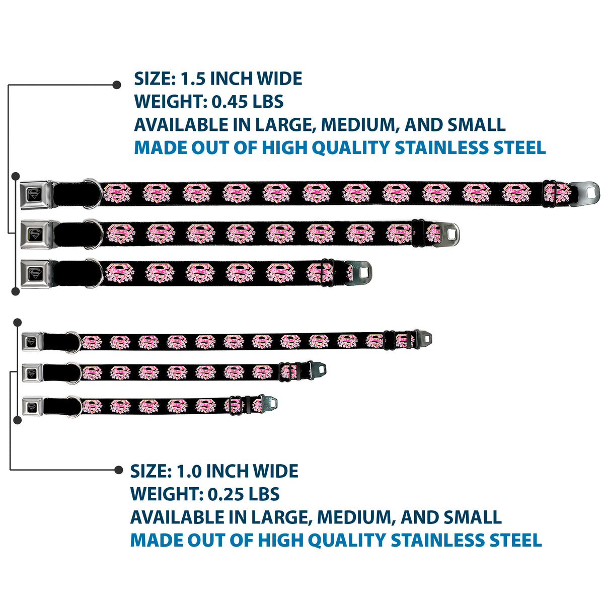Superman Black Silver Seatbelt Buckle Collar - Super Shield Hibiscus Design Black/Pink Dog Collars Seatbelt Buckle DC Comics