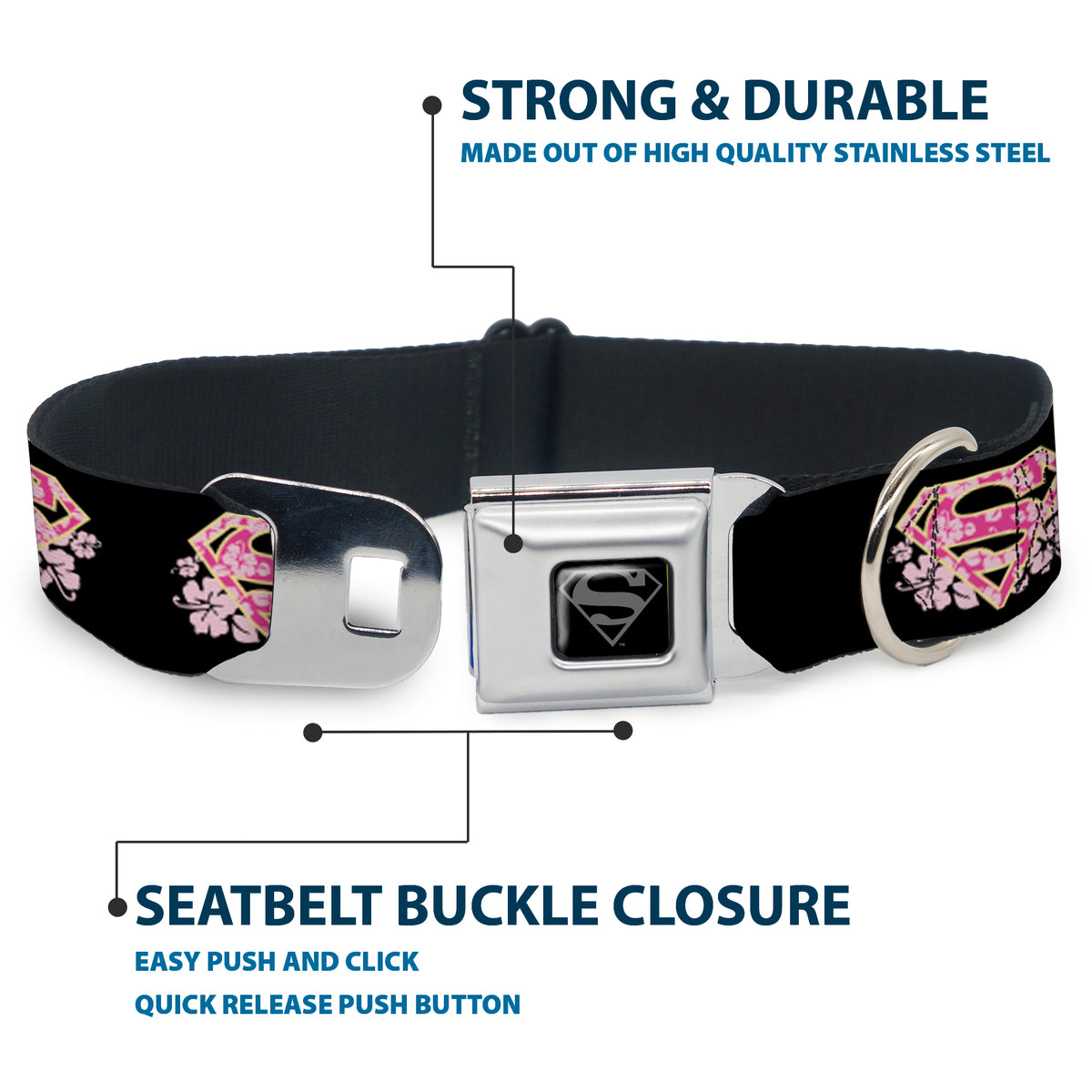 Superman Black Silver Seatbelt Buckle Collar - Super Shield Hibiscus Design Black/Pink Dog Collars Seatbelt Buckle DC Comics