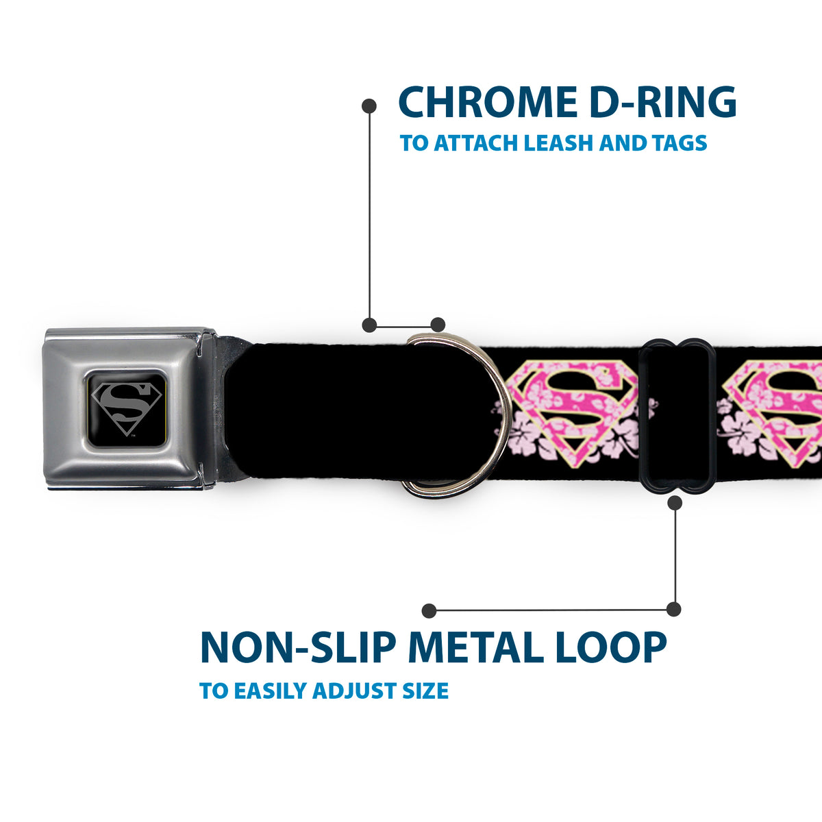 Superman Black Silver Seatbelt Buckle Collar - Super Shield Hibiscus Design Black/Pink Dog Collars Seatbelt Buckle DC Comics