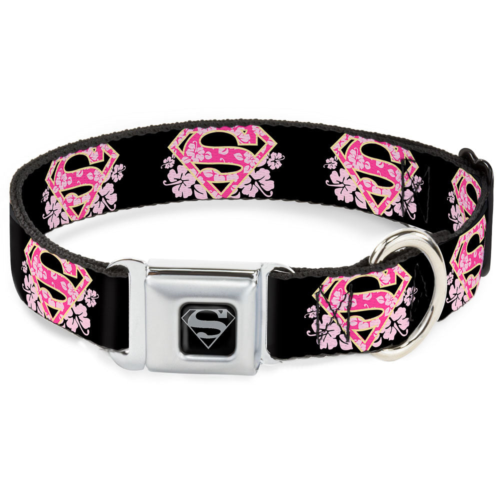 Superman Black Silver Seatbelt Buckle Collar - Super Shield Hibiscus Design Black/Pink Dog Collars Seatbelt Buckle DC Comics