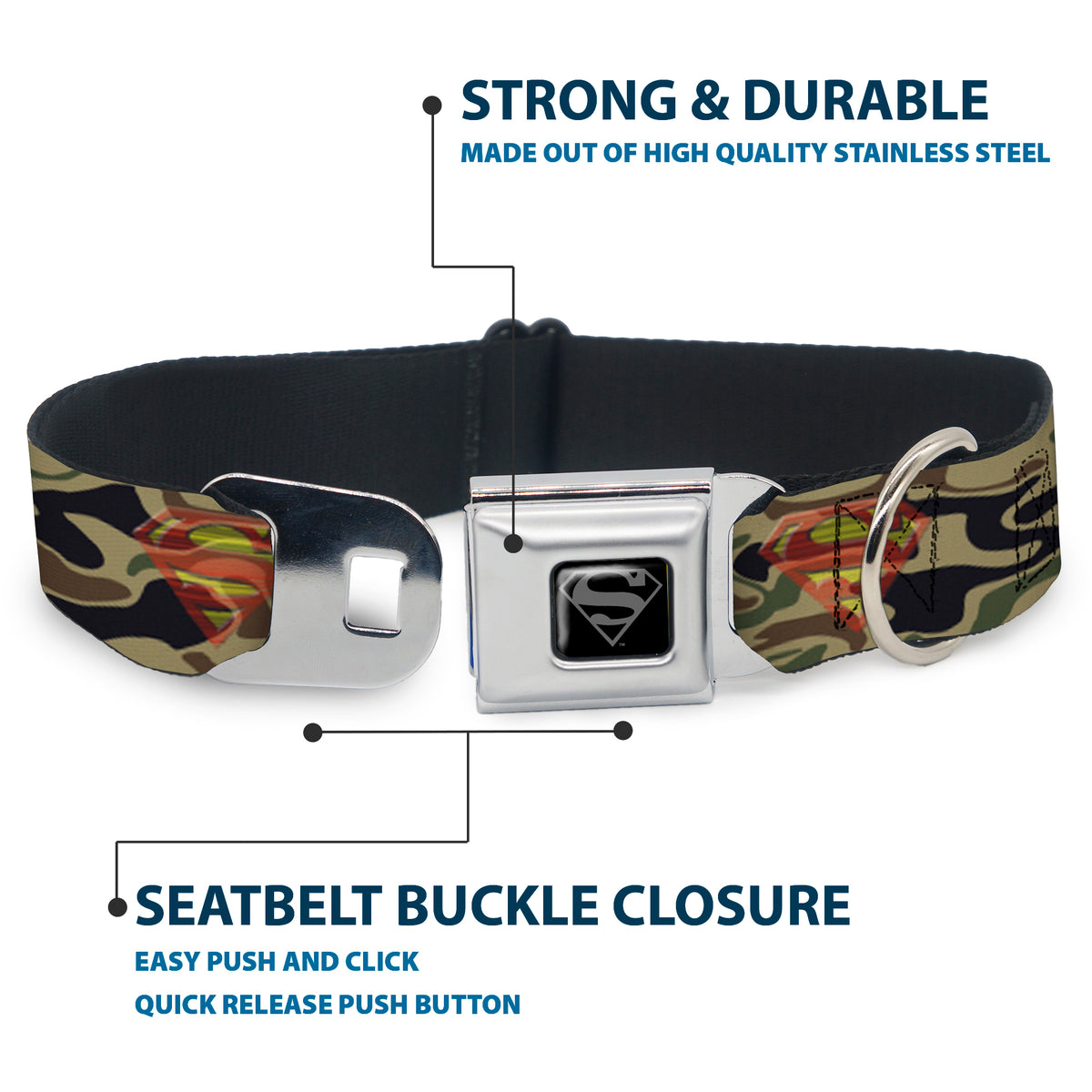 Superman Black Silver Seatbelt Buckle Collar - Superman Shield Camo Olive Dog Collars Seatbelt Buckle DC Comics