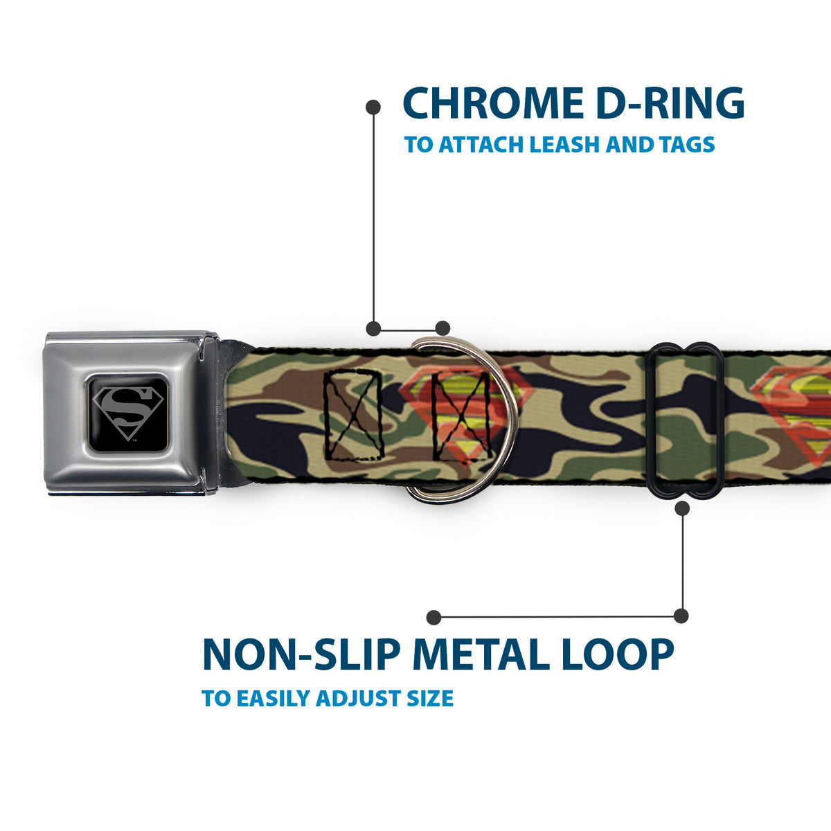 Superman Black Silver Seatbelt Buckle Collar - Superman Shield Camo Olive Dog Collars Seatbelt Buckle DC Comics