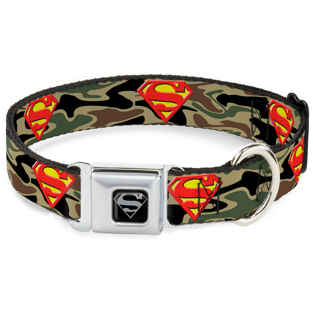 Superman Black Silver Seatbelt Buckle Collar - Superman Shield Camo Olive Dog Collars Seatbelt Buckle DC Comics