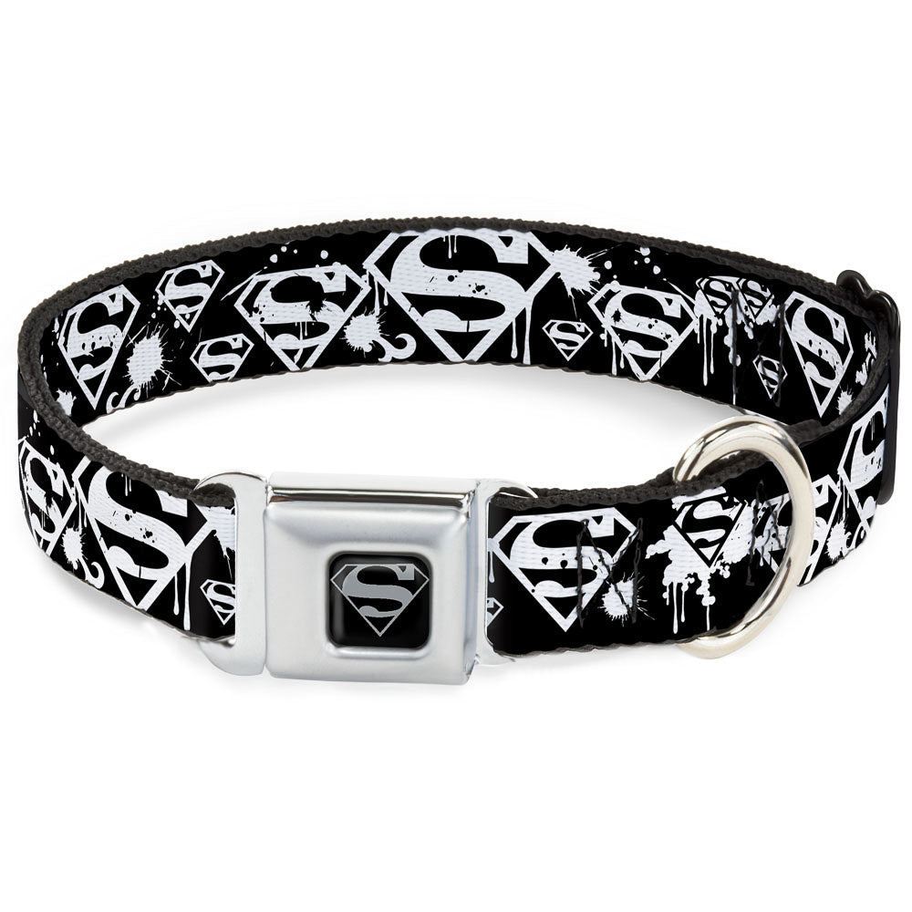 Superman Black Silver Seatbelt Buckle Collar - Superman Shield Splatter Black/White Dog Collars Seatbelt Buckle DC Comics