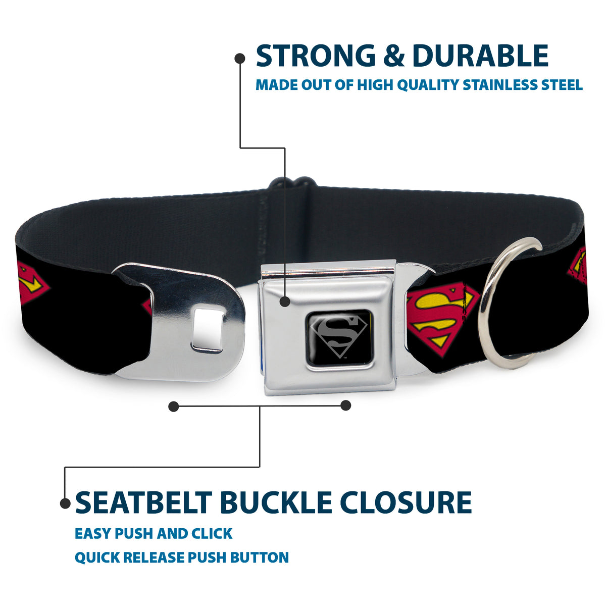 Superman Black Silver Seatbelt Buckle Collar - Superman Shield Black Dog Collars Seatbelt Buckle DC Comics