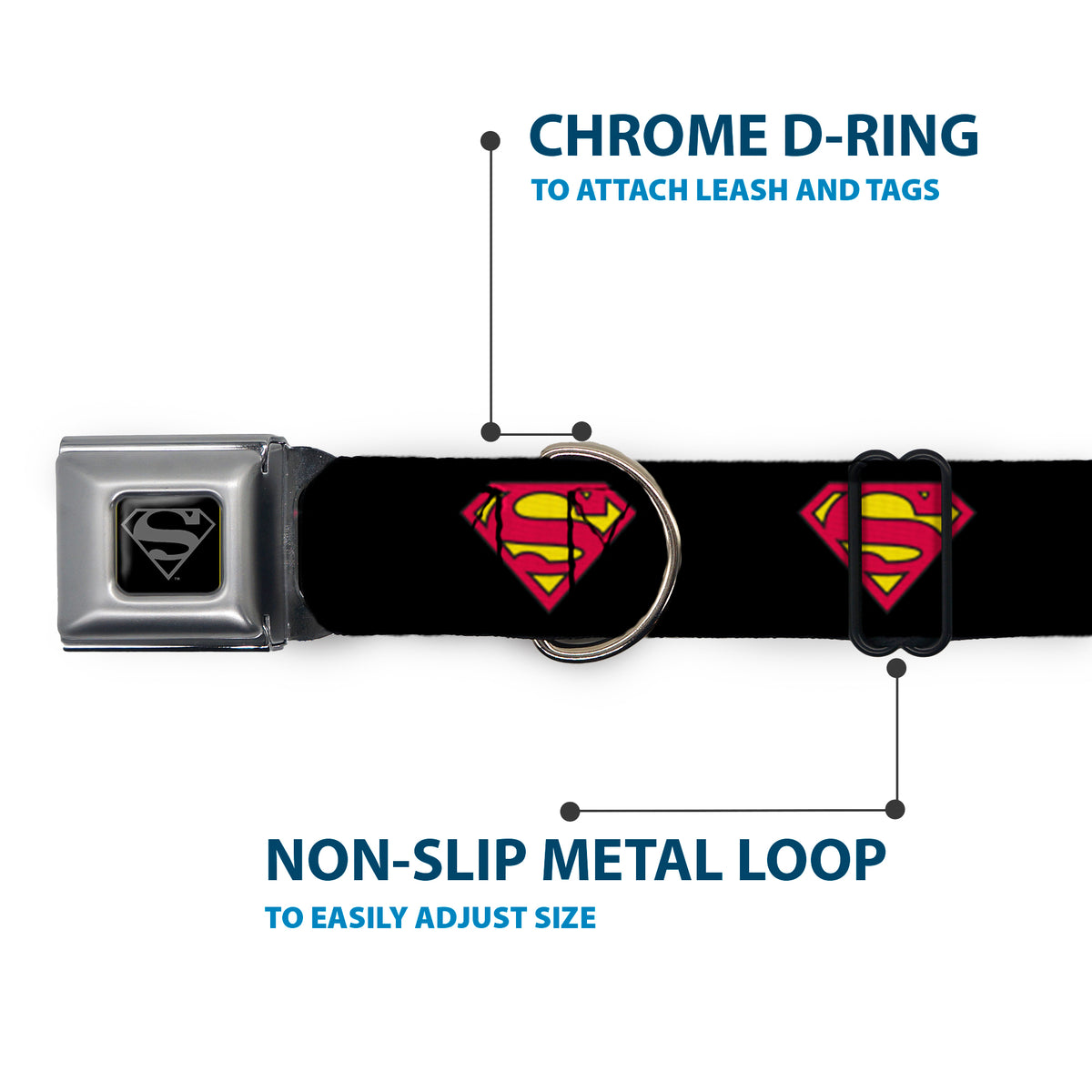 Superman Black Silver Seatbelt Buckle Collar - Superman Shield Black Dog Collars Seatbelt Buckle DC Comics