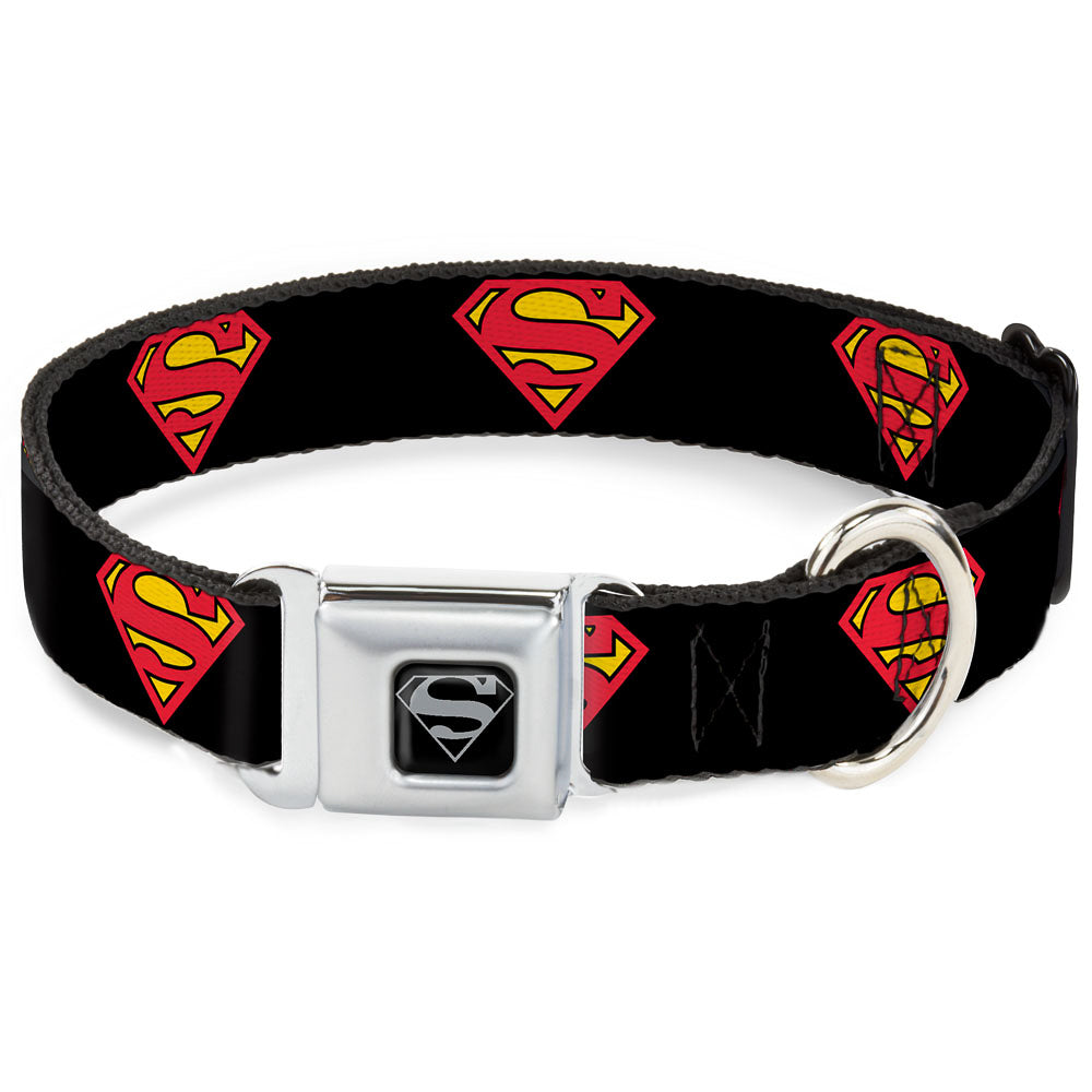 Superman Black Silver Seatbelt Buckle Collar - Superman Shield Black Dog Collars Seatbelt Buckle DC Comics