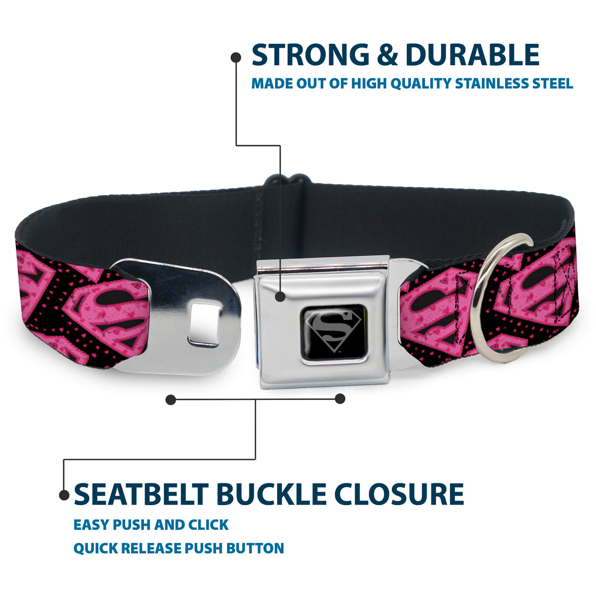 Superman Black Silver Seatbelt Buckle Collar - Diagonal Superman Logo w/Hearts Black/Pink Dog Collars Seatbelt Buckle DC Comics