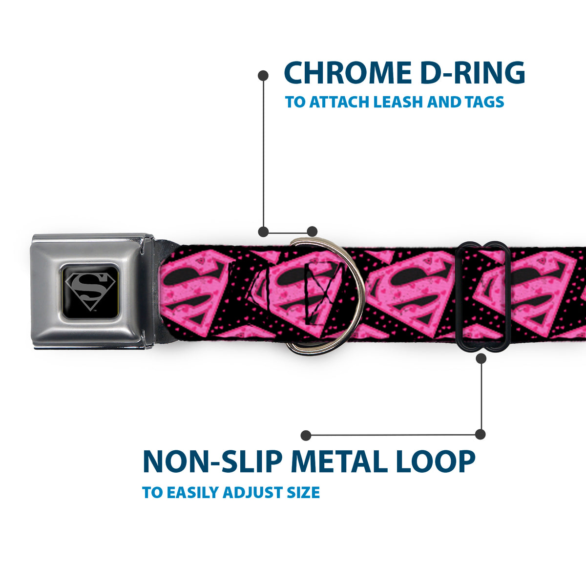 Superman Black Silver Seatbelt Buckle Collar - Diagonal Superman Logo w/Hearts Black/Pink Dog Collars Seatbelt Buckle DC Comics
