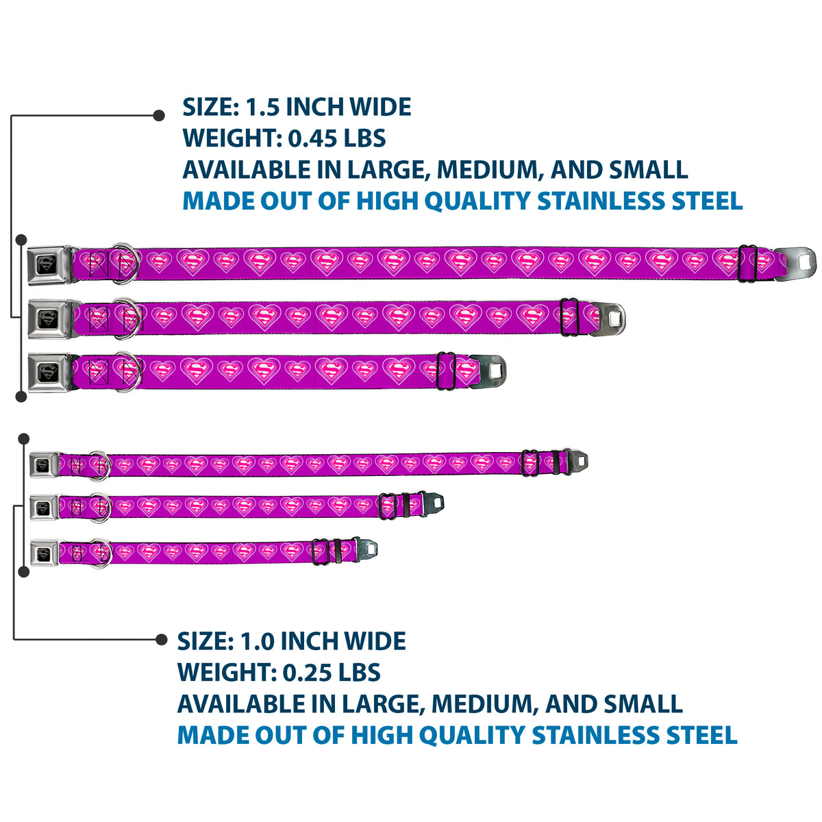 Superman Black Silver Seatbelt Buckle Collar - Superman Logo in Heart Purple/White/Pink Dog Collars Seatbelt Buckle DC Comics