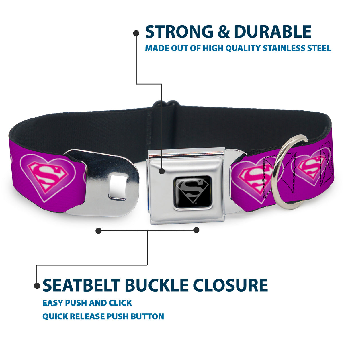 Superman Black Silver Seatbelt Buckle Collar - Superman Logo in Heart Purple/White/Pink Dog Collars Seatbelt Buckle DC Comics