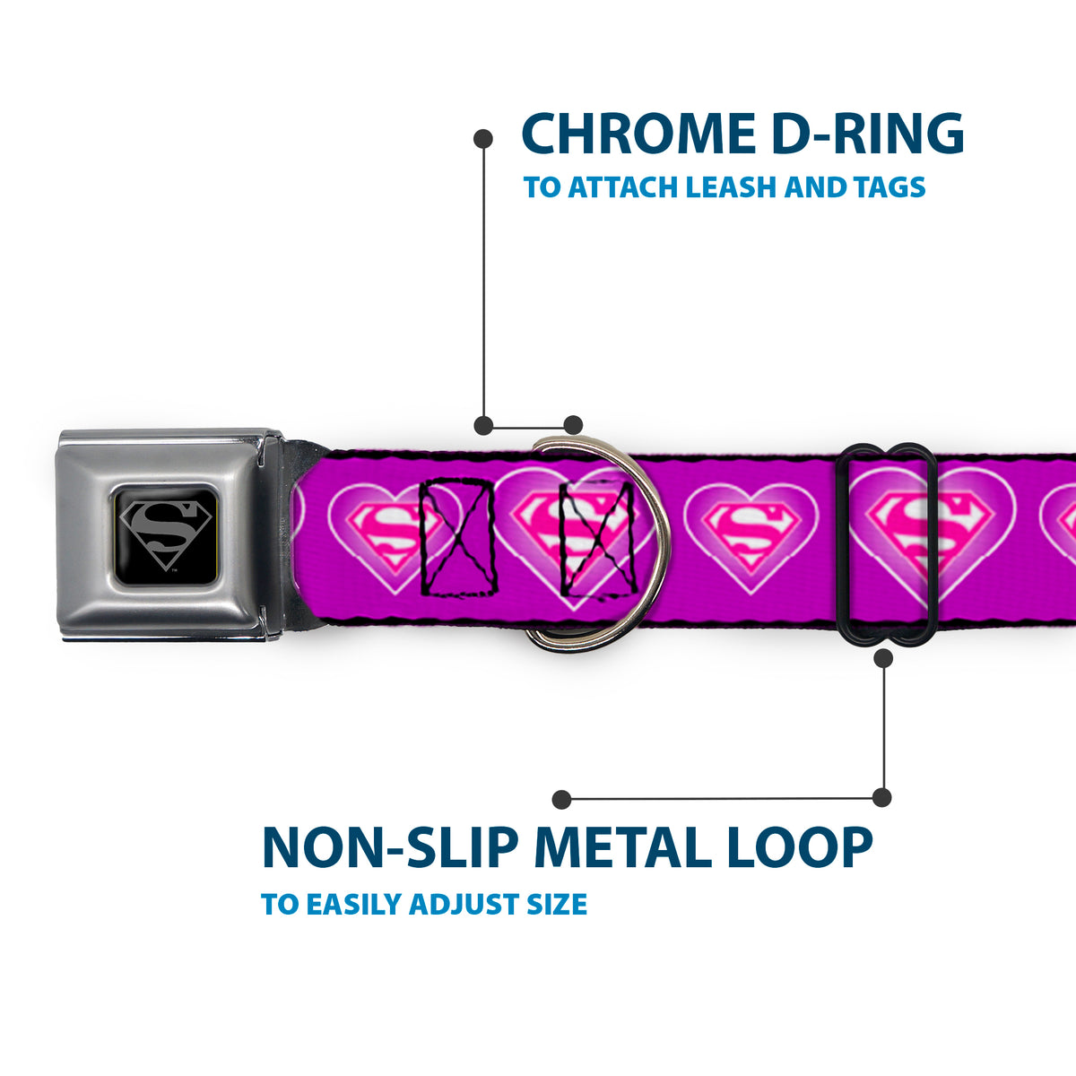 Superman Black Silver Seatbelt Buckle Collar - Superman Logo in Heart Purple/White/Pink Dog Collars Seatbelt Buckle DC Comics