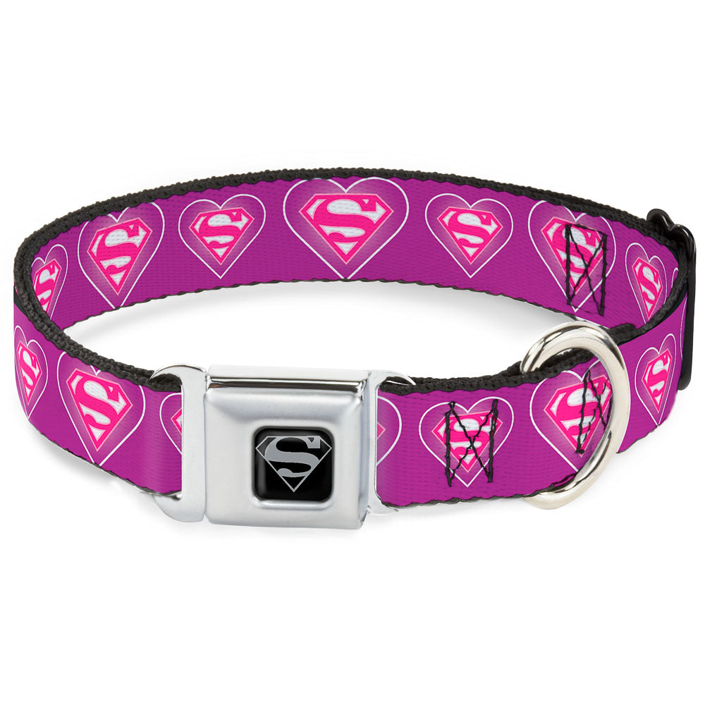 Superman Black Silver Seatbelt Buckle Collar - Superman Logo in Heart Purple/White/Pink Dog Collars Seatbelt Buckle DC Comics