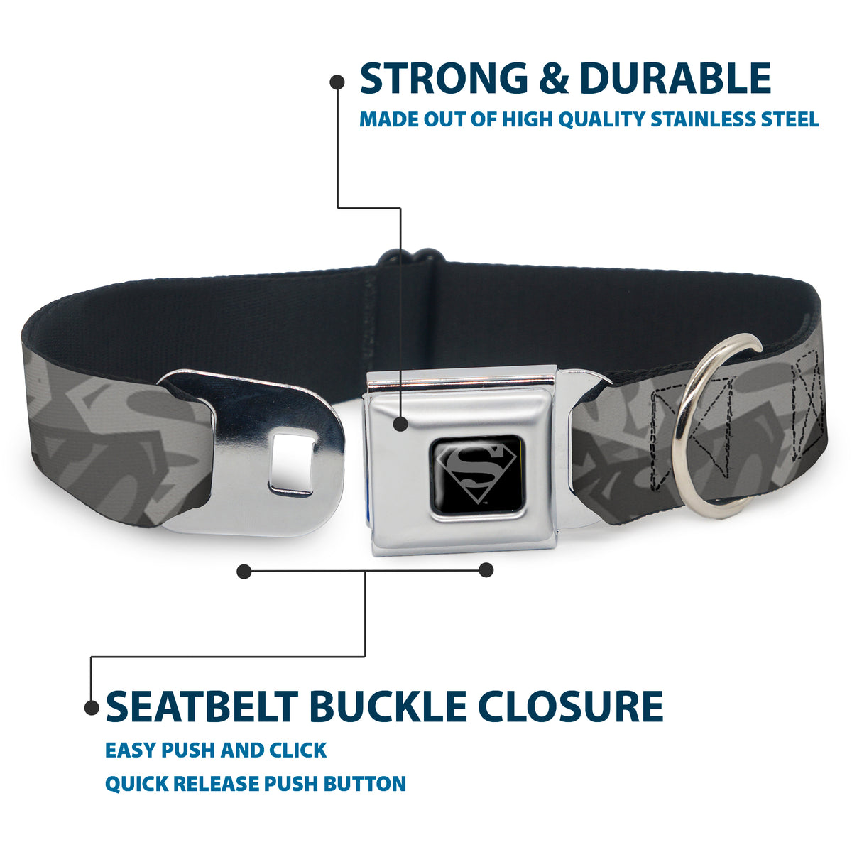 Superman Black/Silver Seatbelt Buckle Collar - Superman Shield Camouflage Grays Dog Collars Seatbelt Buckle DC Comics